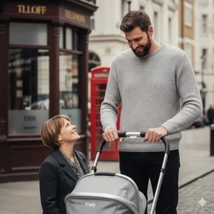 A tall parent comfortably pushing an iCandy pushchair in a British city, demonstrating the telescopic adjustable handlebar height.