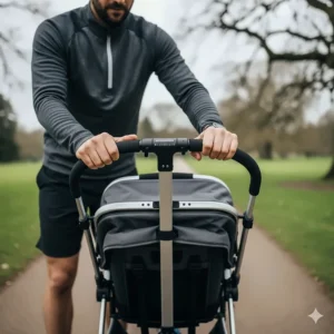 A parent adjusting the height of a multi-position handlebar on a running buggy for better ergonomic posture.