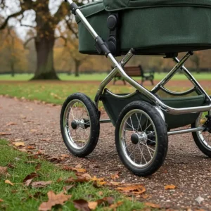 A luxury travel system being pushed through a leafy British park, showing puncture-proof multi-terrain wheels.