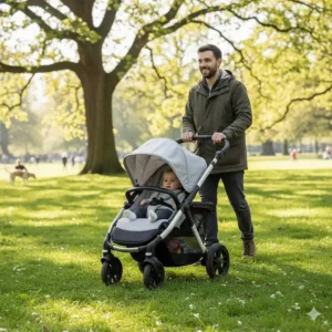 A parent pushing a three-wheeled all terrain pushchair across a grassy park in the UK.