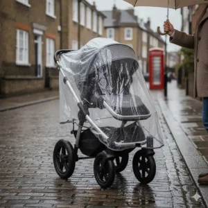 An all terrain pushchair fitted with a waterproof rain cover during a drizzly day in London.