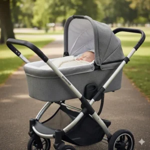 A versatile all terrain pushchair featuring a lie-flat carrycot suitable for newborns.