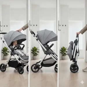 A sequence showing the easy one-hand fold mechanism of a lightweight pushchair, ideal for storage in small UK hallways.