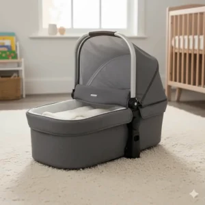 A newborn-ready travel system carrycot with a padded mattress and apron for overnight sleeping.