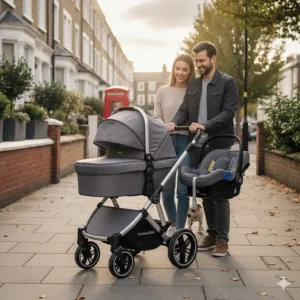 A premium all-in-one travel system featuring a modern pushchair, silver chassis, and matching infant car seat on a London pavement. best travel system