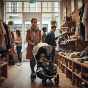 A parent navigating a narrow shop aisle in a UK high street boutique with a Bugaboo Butterfly lightweight pushchair.