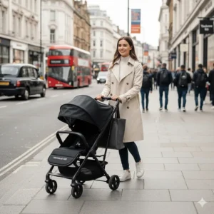 A compact cabin approved buggy being steered easily along a busy London high street.