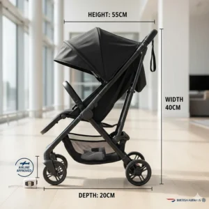 Close-up of a folded cabin approved pushchair showing compact dimensions for airline compliance.