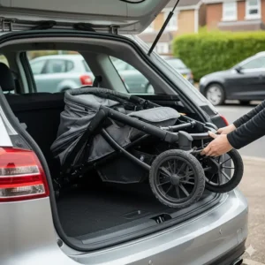 An all terrain pushchair folded compactly to fit inside a standard UK car boot.