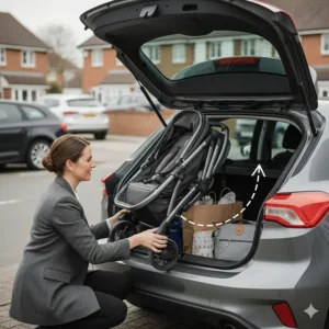 Alt text for image 5 A parent demonstrating the compact fold of a double pushchair by easily lifting the lightweight frame into the boot of a grey family hatchback.