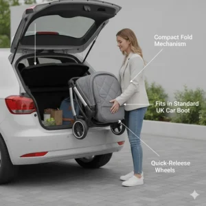 Illustration of a newborn pram folded down compactly to fit into a standard UK car boot.