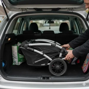 A lightweight running buggy folded compactly to fit easily into the boot of a standard UK family hatchback.