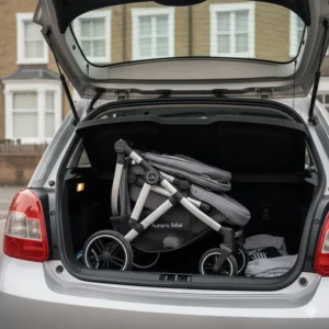 A compact travel system chassis folded down to fit easily into a small UK hatchback car boot.