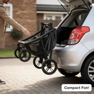 A lightweight travel system frame folded compactly to fit into a small UK hatchback car boot.