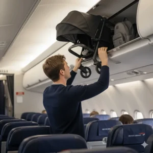 A lightweight pushchair fitting easily into the overhead locker of a British Airways flight.