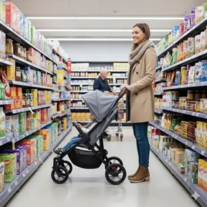Side-on view of a compact twin stroller navigating a narrow checkout aisle in a British supermarket.