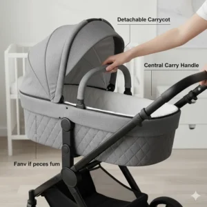 A detachable carrycot for a newborn pram being lifted from the frame using a central carry handle.