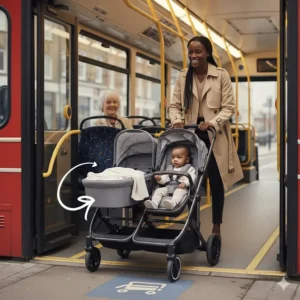 Alt text for image 9 A mother easily manoeuvring a lightweight double pushchair onto a low-floor London bus, highlighting its portability for UK public transport users.