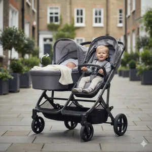 Alt text for image 7 A versatile double pushchair set up in a duo configuration with a lie-flat carrycot for a newborn baby and a comfortable forward-facing seat for a toddler.