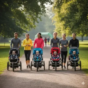 A diverse group of British parents socialising while participating in a local parkrun with their running buggies.