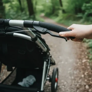 Detailed view of a hand-operated deceleration brake on an all terrain pushchair for downhill control.