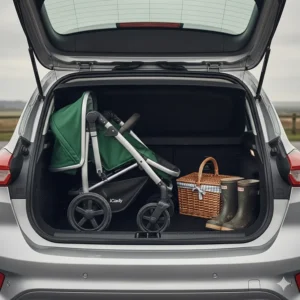 The compact fold of an iCandy Peach 7 stored in the boot of a typical British family hatchback alongside a picnic basket and wellies.