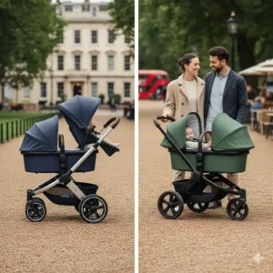 Comparison of the iCandy Peach in tandem double mode versus the Bugaboo Donkey 5 in side-by-side duo mode in a UK park.