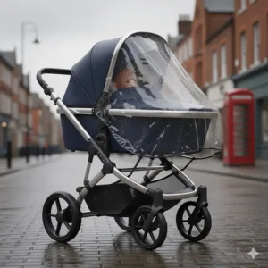 An iCandy pram with its transparent rain cover fitted on a wet British high street, showing protection from typical UK weather.