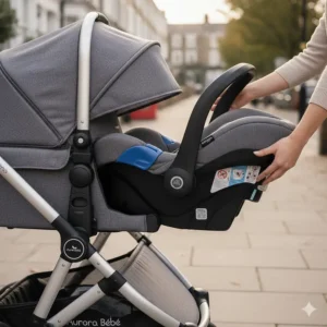 Clipping an infant car seat onto a pushchair chassis using multi-brand adapters for a seamless travel system.