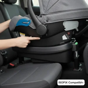 An R129 i-Size compliant infant car seat being clicked into a travel system base for easy vehicle transitions.