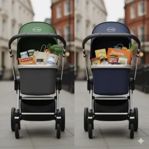 Comparison of the under-seat basket capacity on iCandy and Bugaboo prams, filled with British supermarket shopping bags and groceries.