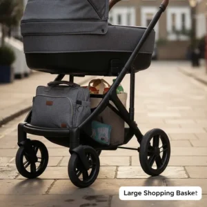 A view of the spacious under-seat storage basket on a travel system containing a nappy bag and groceries.