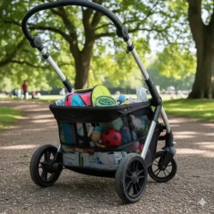 The spacious under-seat storage basket of an all terrain pushchair filled with baby essentials.