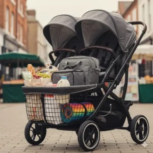 Alt text for image 8 The large underseat storage basket of a double buggy packed with grocery bags and essentials, showing the high weight capacity for family shopping trips.