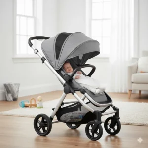 An illustration of a lightweight pushchair in the lie-flat position, suitable for newborns and meeting UK safety standards.