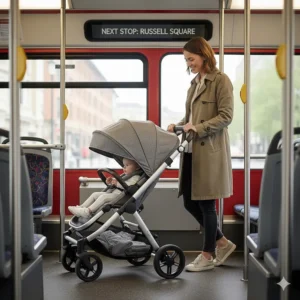 A compact lightweight stroller tucked into the designated wheelchair and pram space on a red London bus.