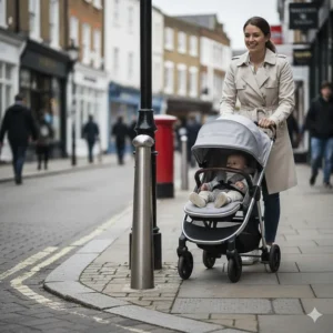 Close-up of the wheels of a lightweight stroller navigating a narrow UK high street pavement with ease.
