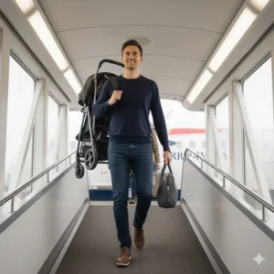 A parent carrying a lightweight cabin approved buggy using a shoulder strap while boarding.