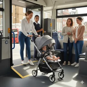 A lightweight, narrow-frame travel system being manoeuvred onto a low-floor London bus.