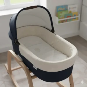 Close-up of an iCandy carrycot on a rocking stand with plush fabric lining, suitable for overnight sleeping in a UK nursery.