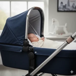 Newborn baby sleeping in a plush carrycot attachment of a luxury travel system.