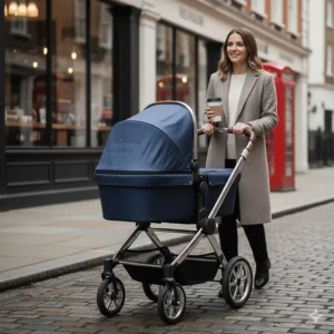 A stylish parent pushing a luxury travel system past a London cafe, showcasing its sleek urban design.