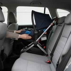 An infant car seat being clicked into a luxury travel system frame using ISOFIX adapters.