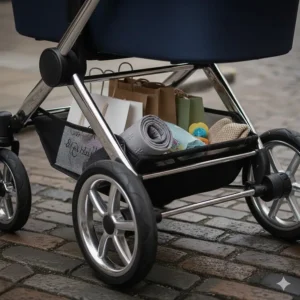 The under-seat storage basket of a luxury travel system filled with shopping bags and a changing mat.