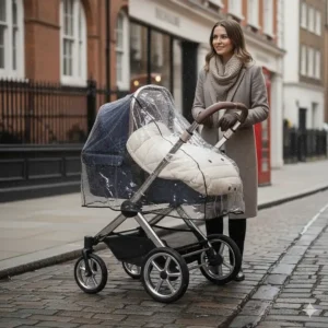 A luxury travel system fitted with a waterproof rain cover and a fleece-lined footmuff for British winter weather.