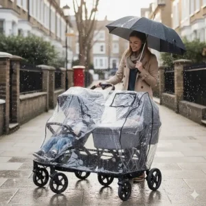 Two children sitting in a narrow double buggy with a transparent rain cover attached during a rainy day in the UK.
