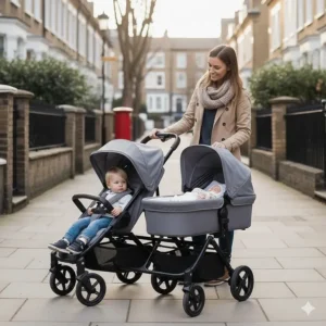 A narrow double pushchair configured with one seat and one carrycot, suitable for a toddler and newborn.