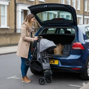 The folded chassis of a narrow double pushchair tucked into the boot of a standard UK family hatchback.