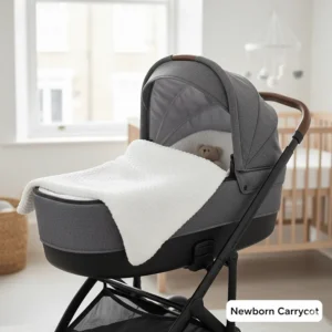 Close-up of a padded newborn carrycot compatible with an affordable travel system, suitable from birth.