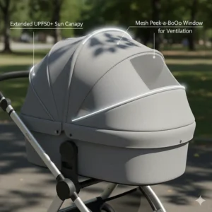 A pram for a newborn with an extended UPF50+ sun canopy and a mesh peek-a-boo window for ventilation.